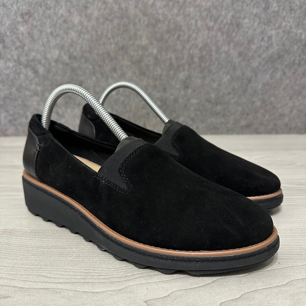 Clarks Sharon Dolly Shoes Womens 9 Black Suede Wedge Slip On Loafers Comfort